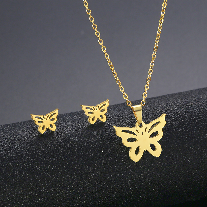 Mexico Fashion Butterfly Necklace and Earrings Suite Butterfly Clavicle Chain Gold-Plated Stainless Steel Three-Piece Set Cross-Border Supply