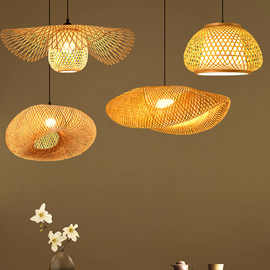 手工制作的天然编织竹制遮阳灯架藤制吊灯中式餐厅装饰吊灯