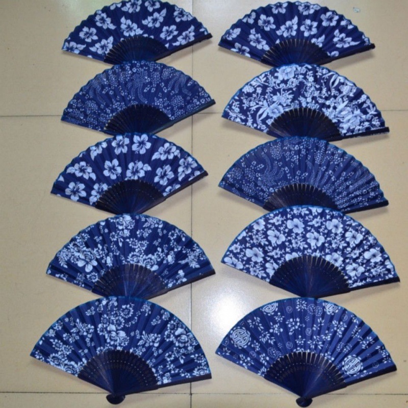 布扇3把女扇折扇竹扇蓝印花布扇子.蓝布舞蹈扇.