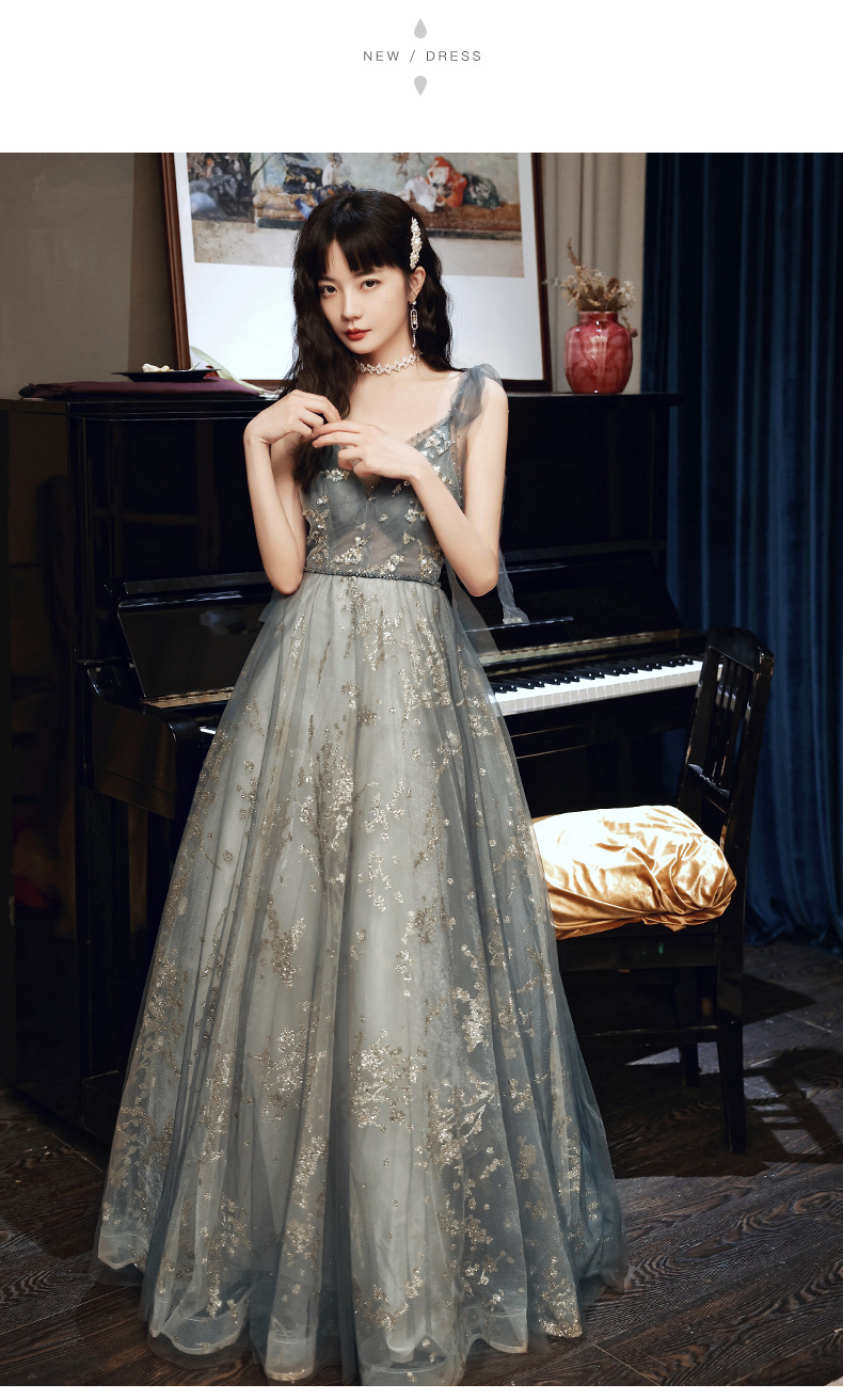 拍写真晚礼服2021新款气质主持人仙气长款连衣裙优雅灰色v领裙子