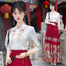 8505#实拍新中式国风简约刺绣短袖上衣改良一片式织金马面裙套装