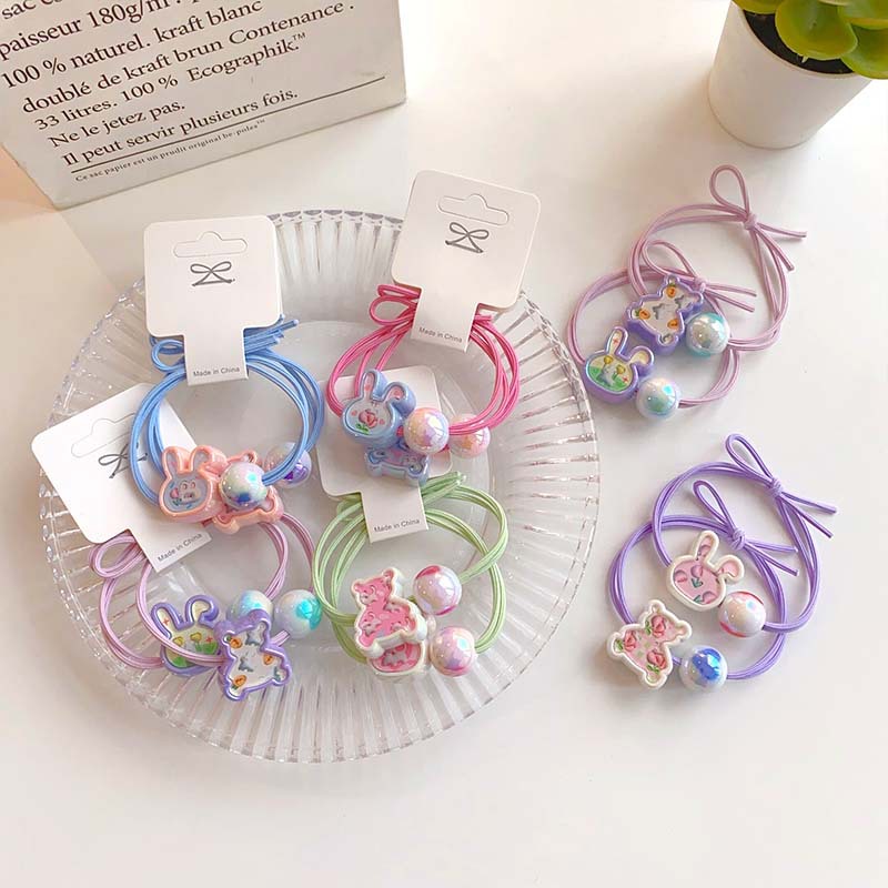 Korean Hair Accessories Cartoon Rabbit Bear Printed Beaded Cute Girls Rubber Band High Elastic Knotted Head Rope Hair Ring