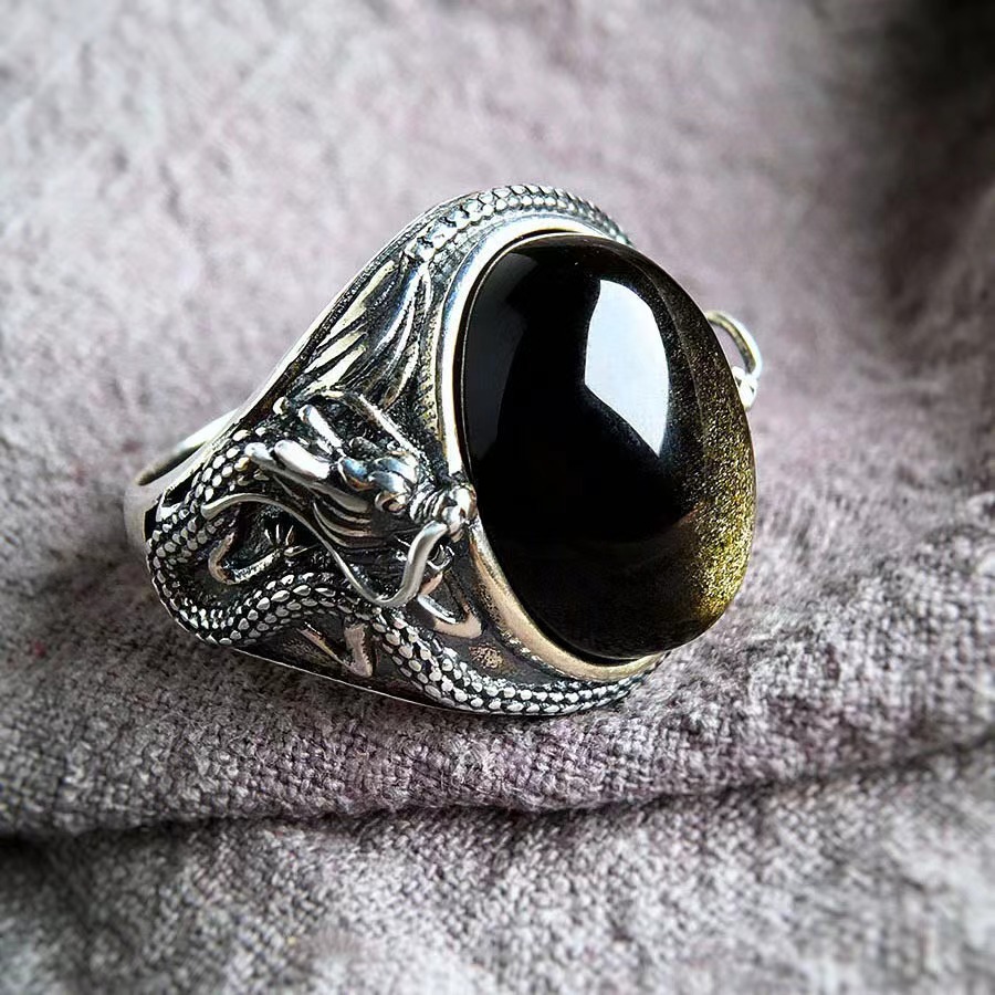 复古做旧戒指猫眼石戒指新款中国龙戒指开口小众民族风男女大指环