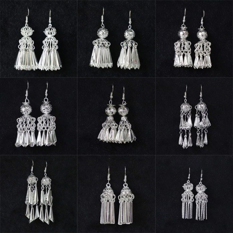 贵州苗族银饰耳环长流苏民族风复古侗族耳饰网红仙夸张大气舞台