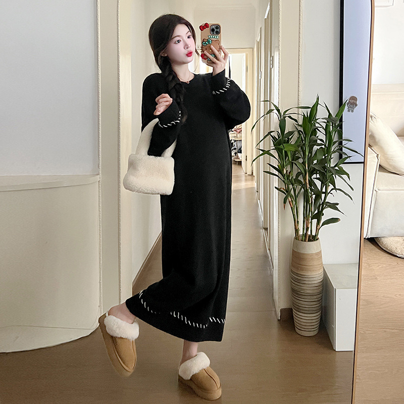 Internet Celebrity Pregnant Women Autumn and Winter Large Size Thickened Knitting Long Dress Gentle Soft Glutinous Loose Design Pullover Dress Sweater