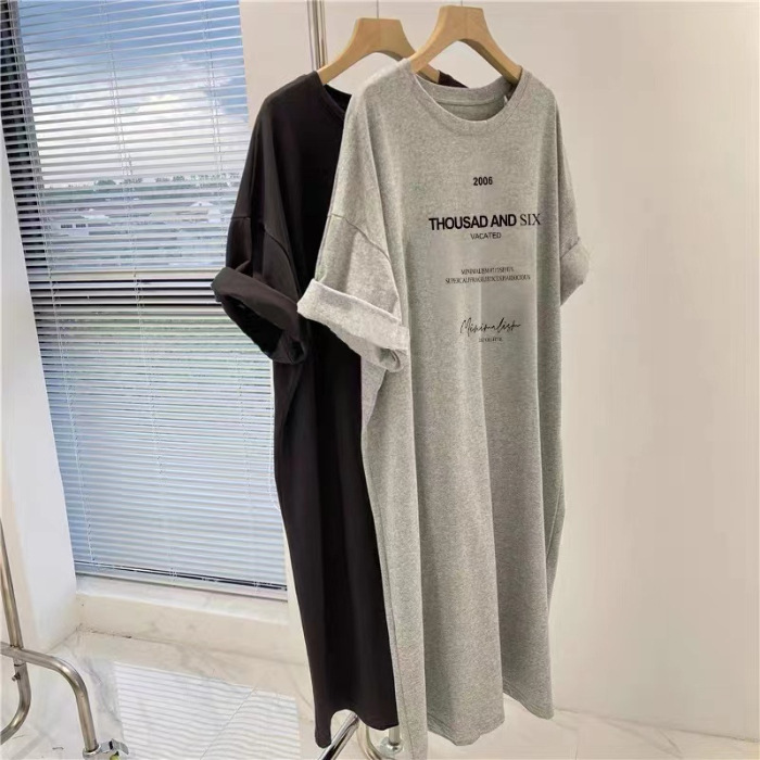 South Korea Short Sleeve Dress Women's Clothing Summer Plump Girls plus Size Slimming Mid-Length T-shirt Skirt over-the-Knee Casual Long Skirt Women Clothes