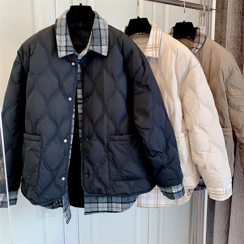 棉服女梭织翻领韩版假两件套气质通勤2021新款时尚保暖羽绒棉服