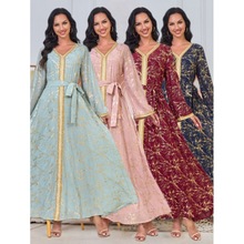 迪拜阿拉伯女装新款烫金时尚V领长袖连衣裙中东abaya服装工厂货源