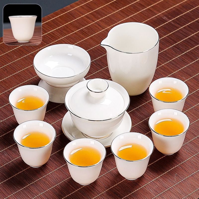 White Jade Kung Fu Tea Set Home Living Room Office Light Luxury Tea High-End Gift Box Cover Teacup Set