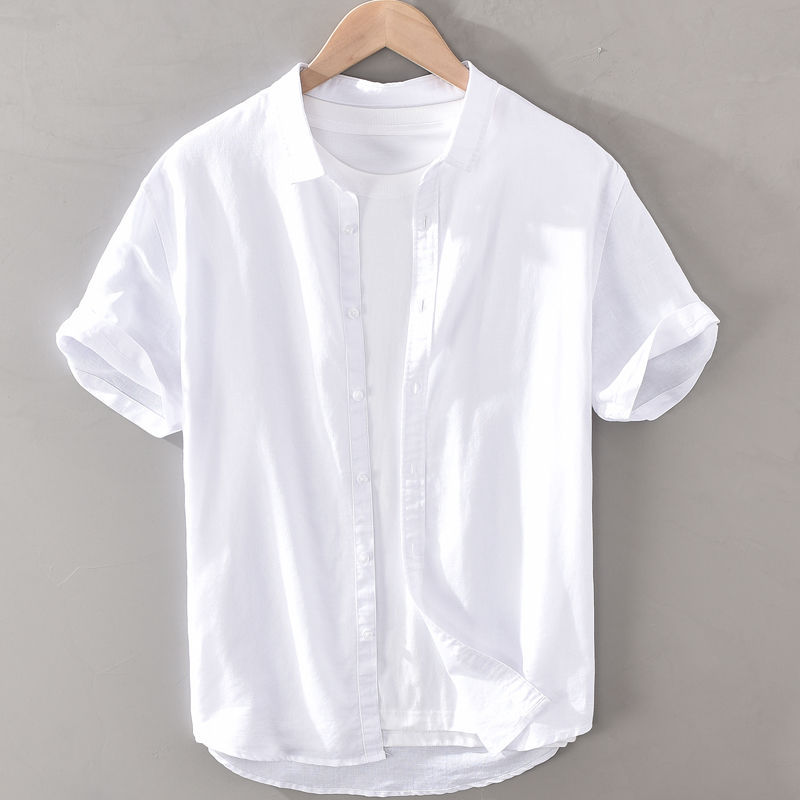男士休闲亚麻短袖衬衫夏装棉麻衬衣青年麻料上衣夏季男装麻布衣服