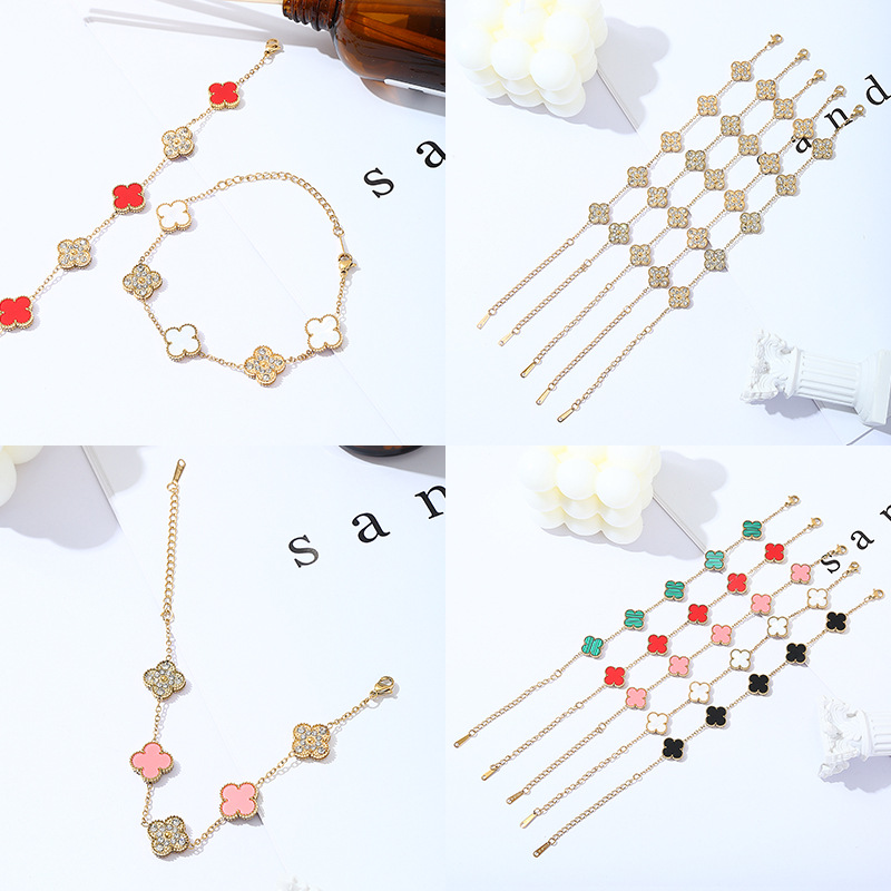 抖音爆款网红五颗带钻双面手链一面钻一面贝轻奢不掉色四叶草手链