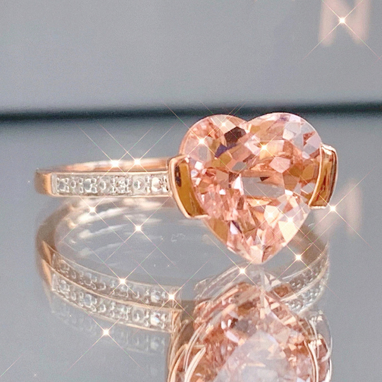 摩根石心形宝石戒指女镀18k金玫瑰金香槟色爱心指环钻石气质戒子