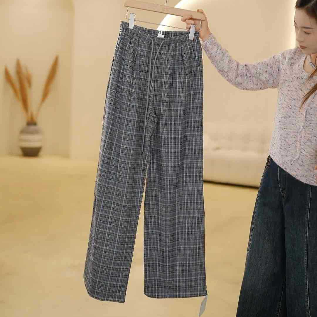 H1007-125#8827商场格纹设计宽松白搭休闲裤G