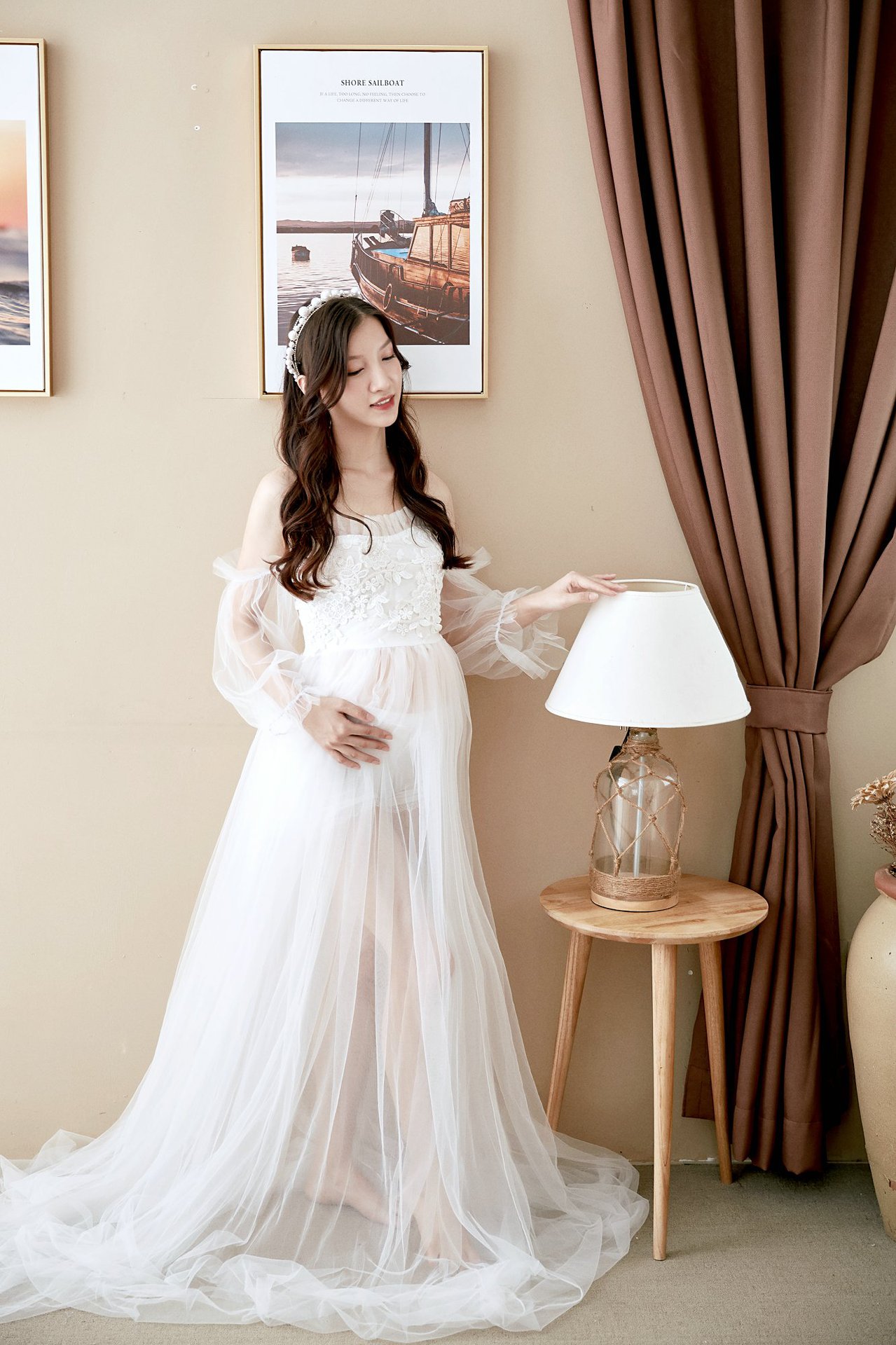 孕妇拍照服装影楼孕期大肚照写真透视礼服准妈咪白纱孕妇摄影服装