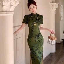 丹青客新中式绿色提花改良复古短袖时尚中长款气质短袖旗袍连衣裙