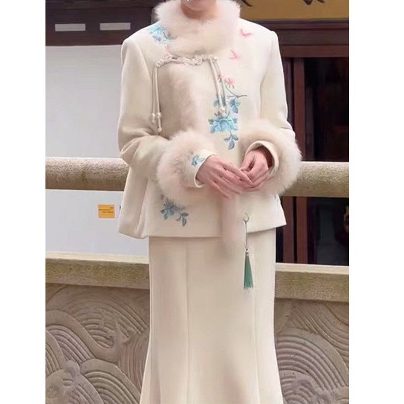 新中式民国复古千金毛呢套装女冬季鱼尾半身裙高级感小洋装两件套