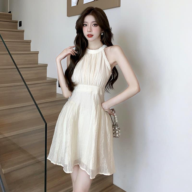 French Style Halter Banquet Dress Women's 2023 Summer Wear New Holiday Bowknot Ribbon High Waist A- line Skirt