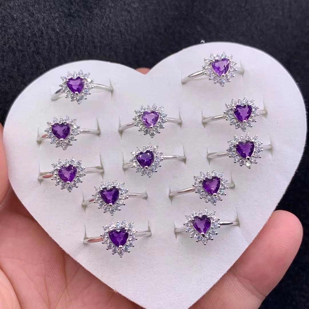 天然巴西紫水晶爱心千禧裸石925银镶嵌戒指戒面首饰配饰品批发销