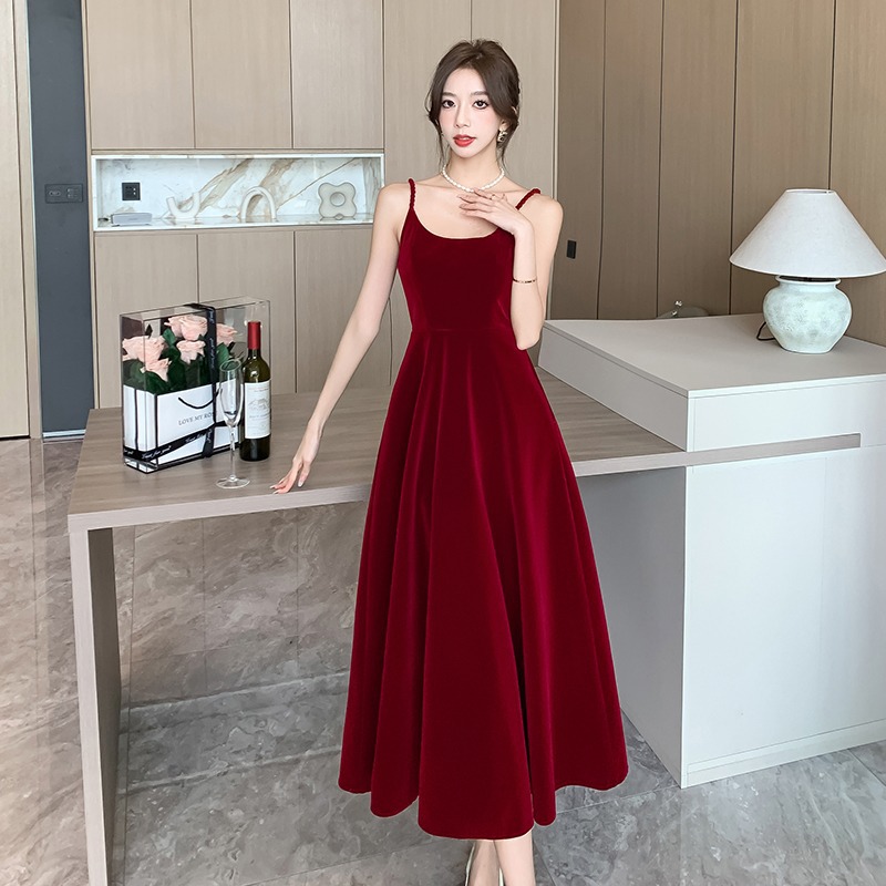 韩国chic秋季法式金丝绒礼服敬酒服新娘红色吊带大摆长款连衣裙女