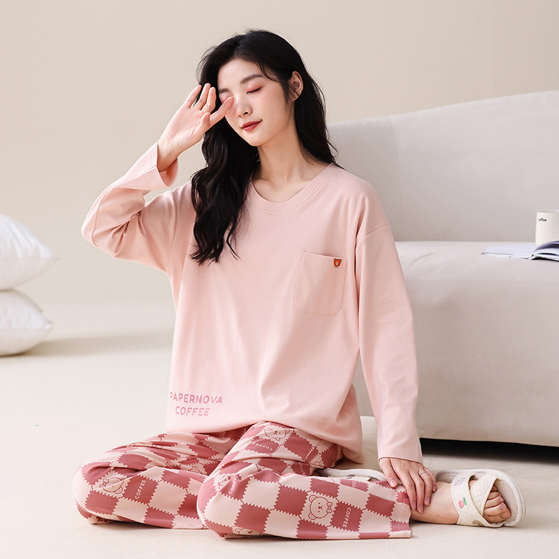 春秋季睡衣女新款6040棉圆领长袖长裤休闲宽松带胸垫家居服套装薄