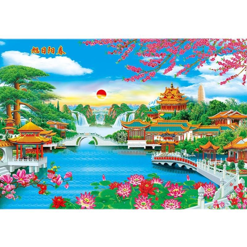 仙堂背景画装饰保家年画人间仙境墙画风景山水客厅沙发装饰画自粘