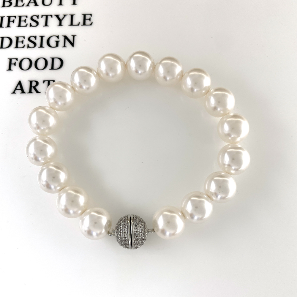 French Retro Perfect Circle Shijia Pearl Magnetic Bracelet Tahidi Strong Light Gray Gold White Beaded Bracelet