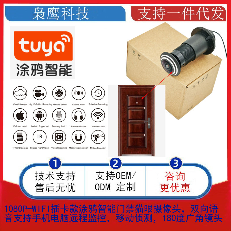 涂鸦1080p高清广角 wifi家用门禁猫眼摄像头 防盗门专用监控直供