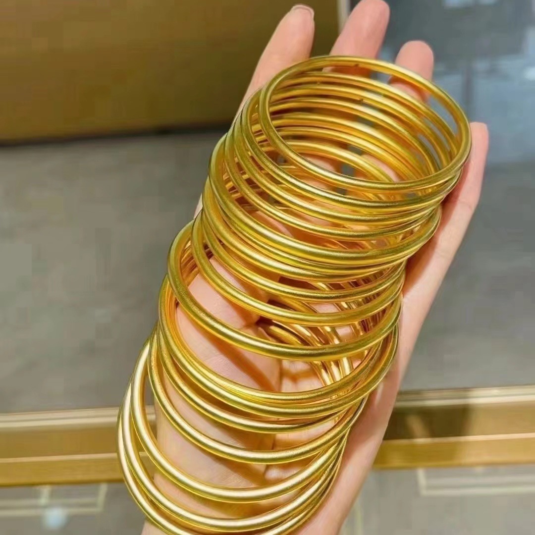 18k金素圈au750 不脱模实心手镯新款自然风光 面圆圈手环轻奢女款