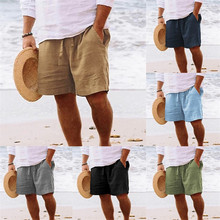 男式短裤棉麻夏季抽绳松紧腰直腿纯色舒适透气短日常沙滩