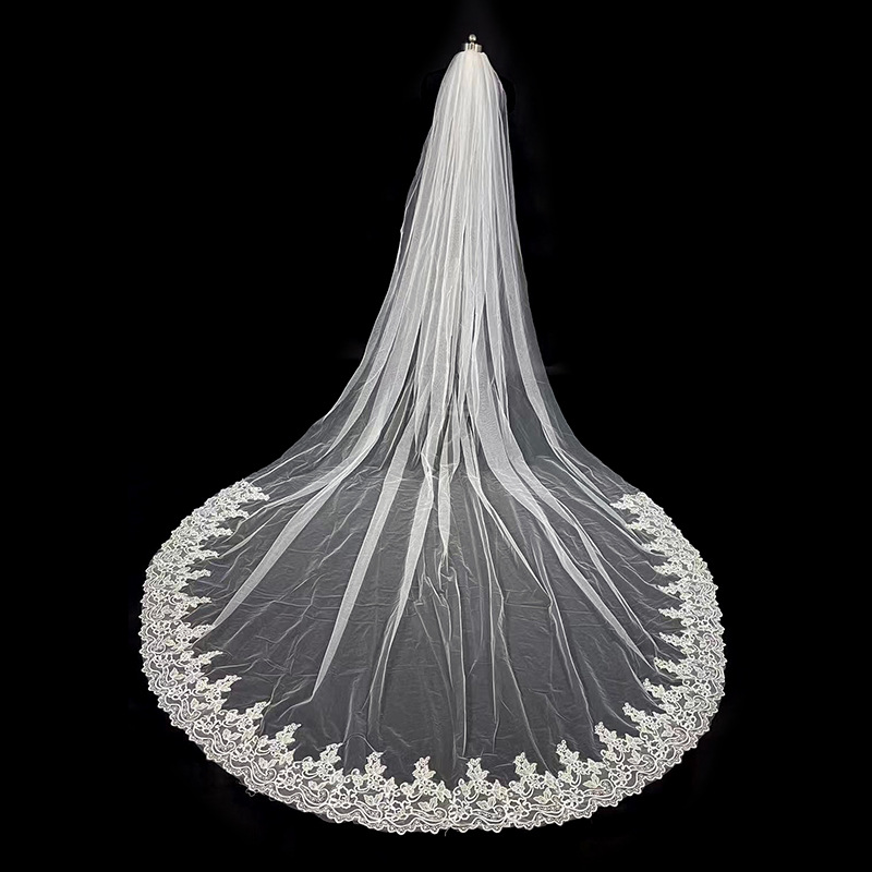 新娘头纱长款刺绣花边面纱欧美跨境婚礼结婚 婚纱拍照头纱拖尾