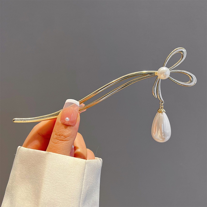 A Pearl Bow Hairpin Female Updo Hairpin Korean Simple Modern Metal Hair Clasp Accessories