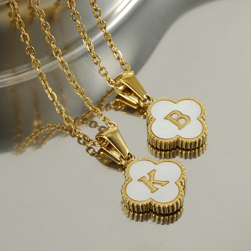 New Four-Leaf Clover Pendant Stainless Steel 18K Gold Necklace Ins Style European and American Simple Shell Letter Collarbone Necklace Necklace