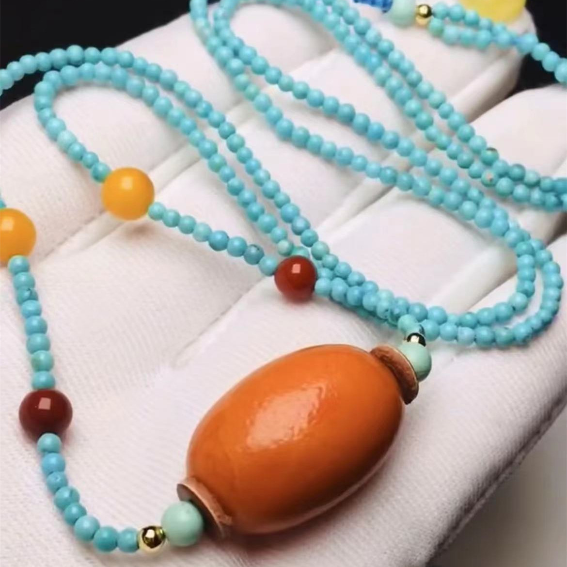 天然蜜蜡古董老蜡 枣珠锁骨链 搭配原矿绿松石配链 文玩配饰-阿里巴巴