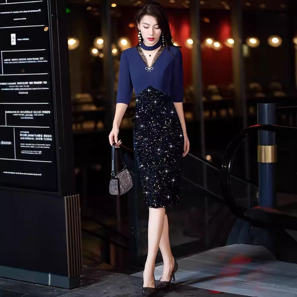 蓝色晚礼服女2024新款宴会连衣裙时尚气质鱼尾显瘦主持人晚礼服夏