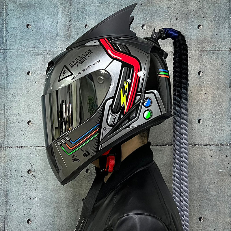 捷凯电动车头盔男女个性双镜夏季全盔黑武士跑盔网红头灰帽子四季