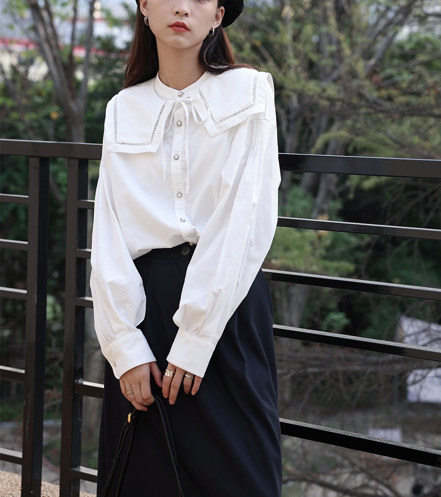 叙旧oldtimes立领白衬衫女设计感小众长袖百搭休闲时尚衬衣