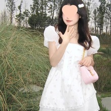 法式茶歇泡泡短袖白色连衣裙女2024夏季气质仙女公主蕾丝娃娃短裙