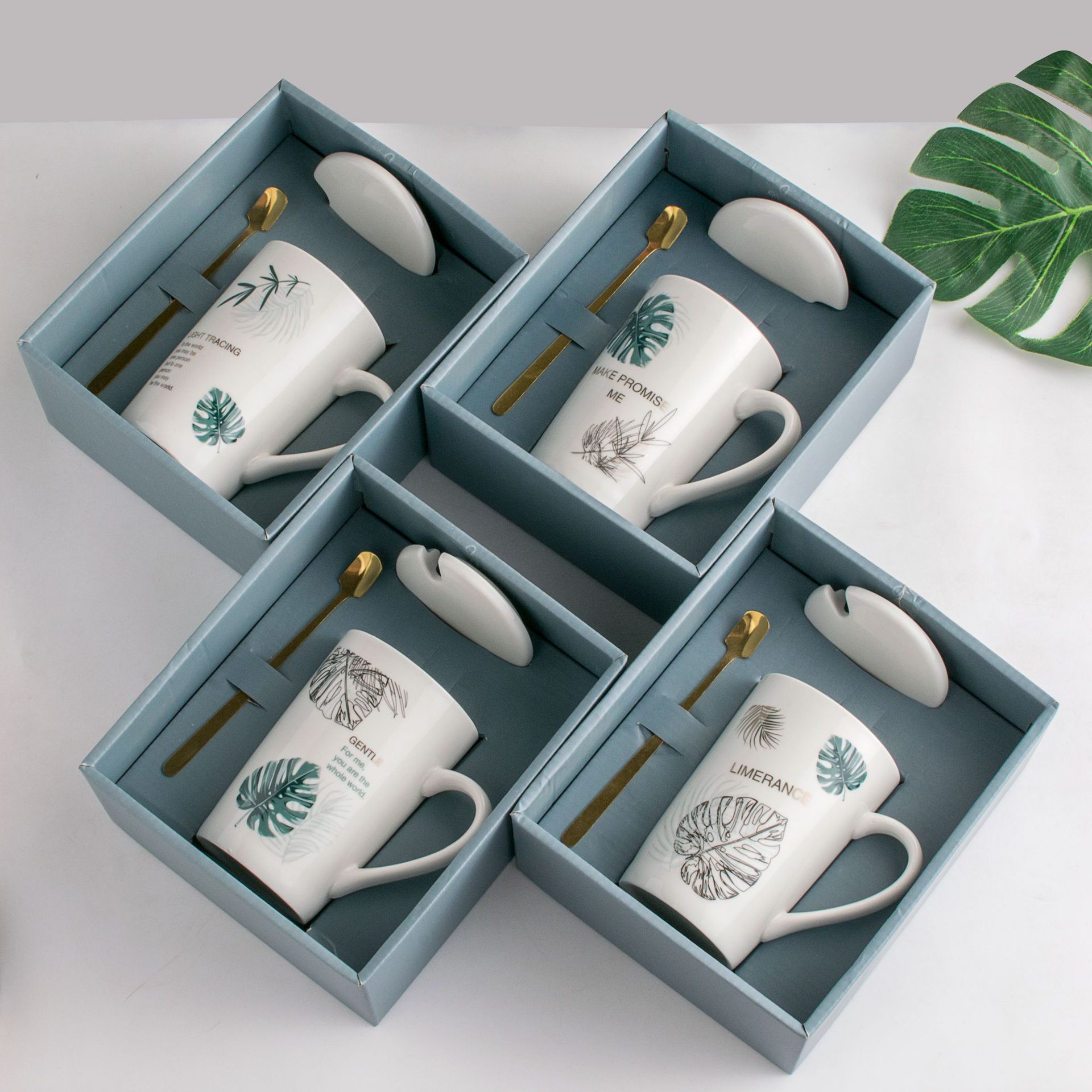 Wholesale Gift Box Ceramic with Cover with Spoon Coffee Gift Couple Water Cup Opening Ceremony Wedding Gift Mug