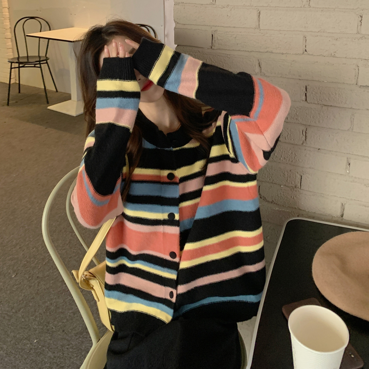 im向自制彩虹条纹毛衣开衫女2022春季新款宽松长袖古着针织衫