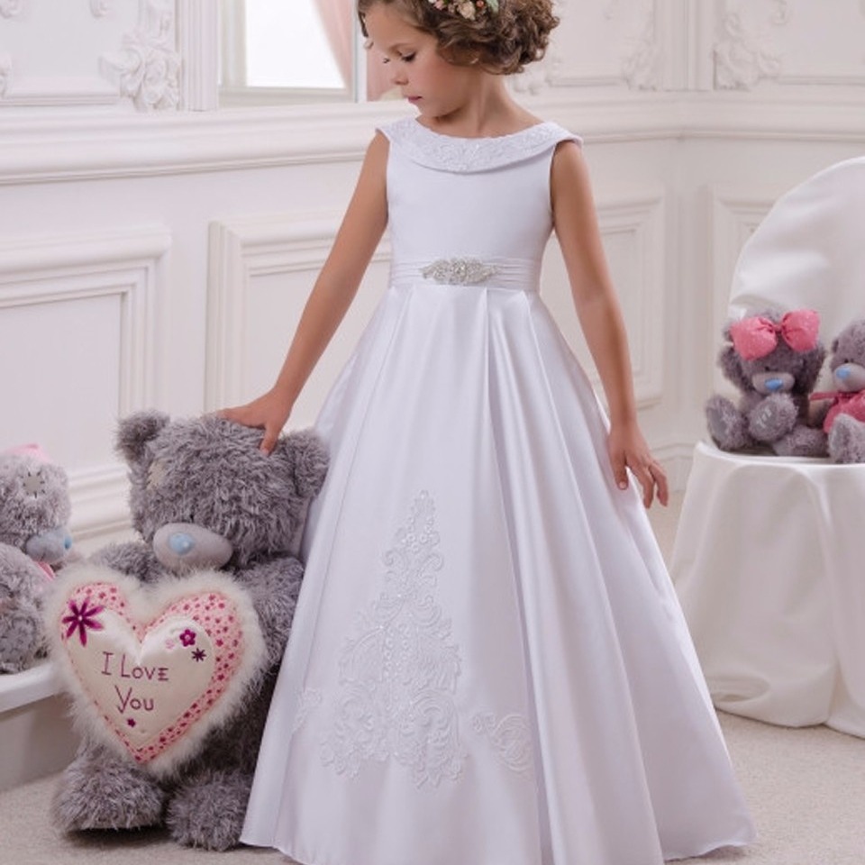 新款跨境欧美外贸货源女童花童礼服无袖缎布蕾丝齐地生日演出长裙