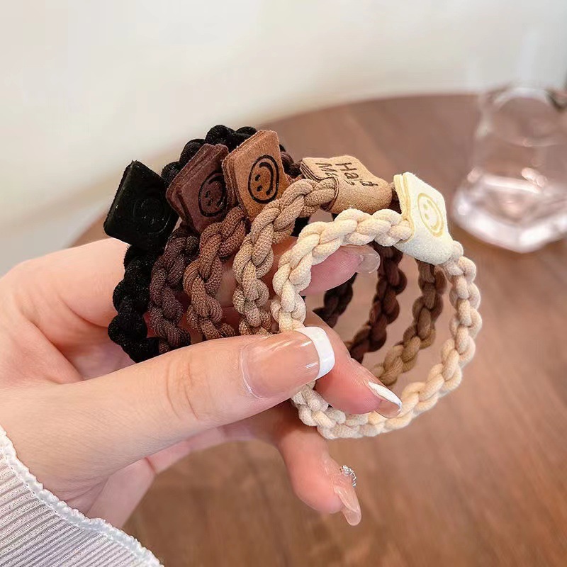 Korean Style Simple Smiley Face High Elastic Hair Bands Women's Tie up a Bun Hairstyle Rubber Band Hair Band Milk Coffee Color Thick Hair Rope Headdress