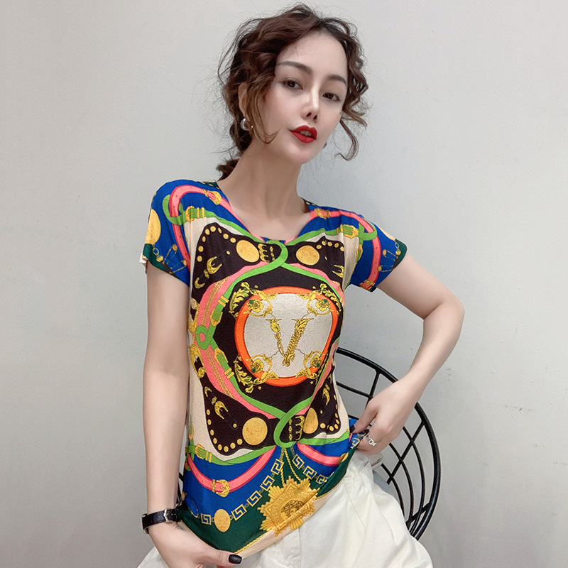 大码女装韩版夏装新款休闲美女头像印花短袖时尚修身打底衫