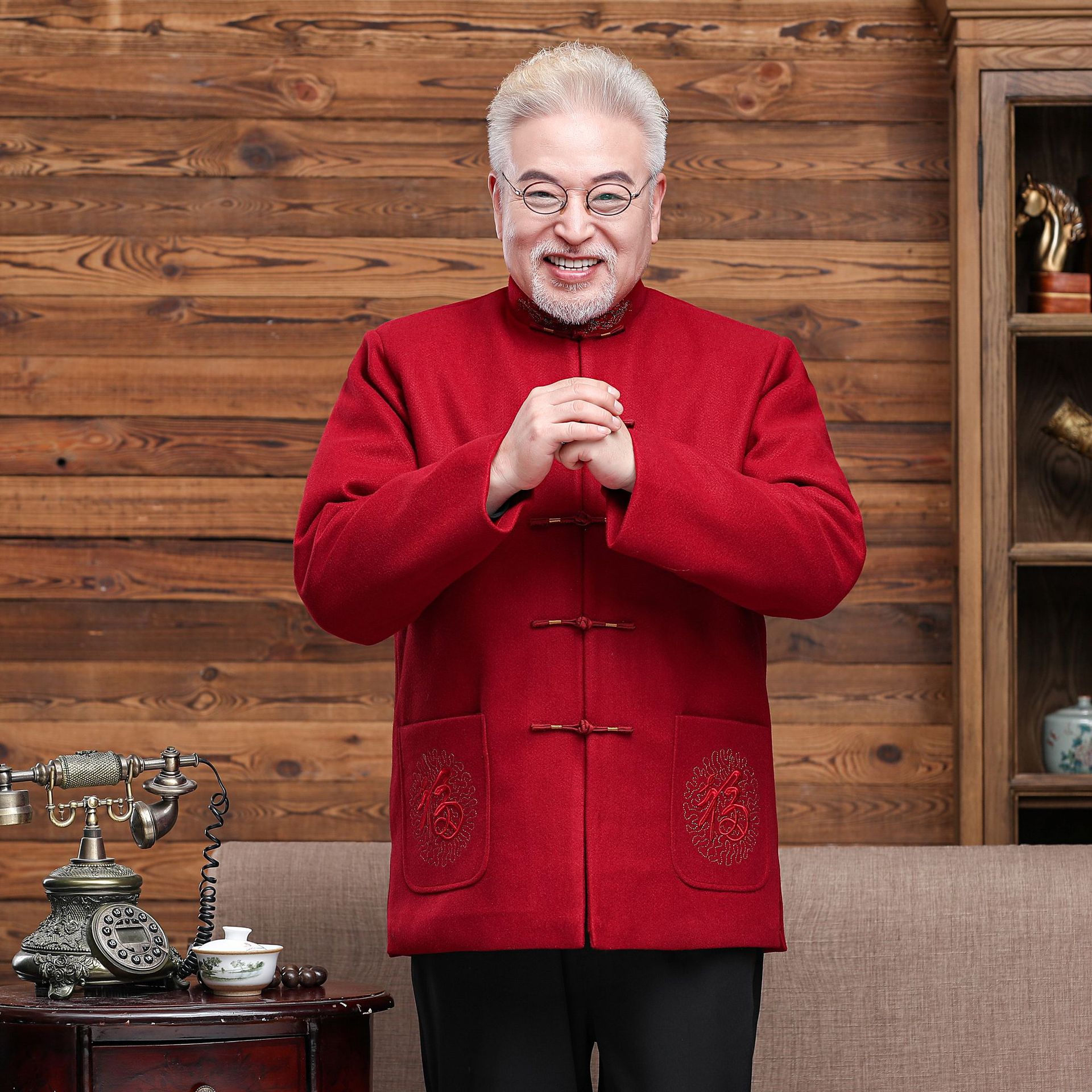 唐装男中老年秋冬外套中式礼服爷爷喜庆祝寿汉服宽松中山装中国风