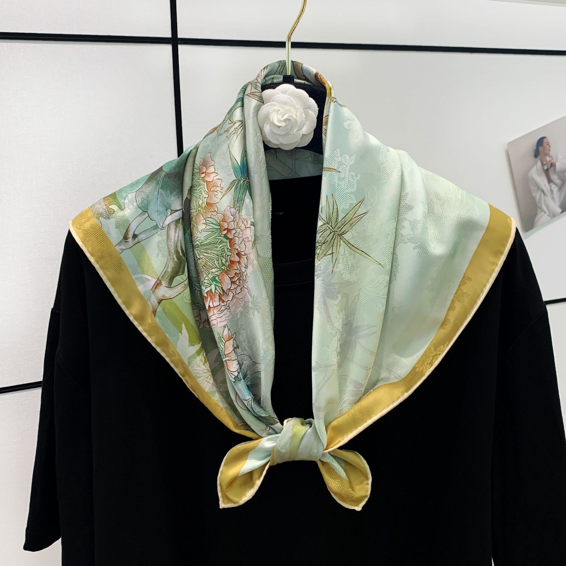 New Artificial Silk Scarf Double-Sided Square Scarf Female 70 Chinese Style Flower Shawl Gift Hand Gift Scarf Factory Wholesale