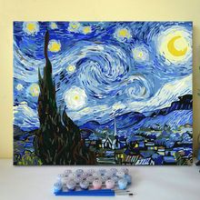 星月夜梵高世界名画手绘涂色数字油画diy填色风景丰收麦田装饰画