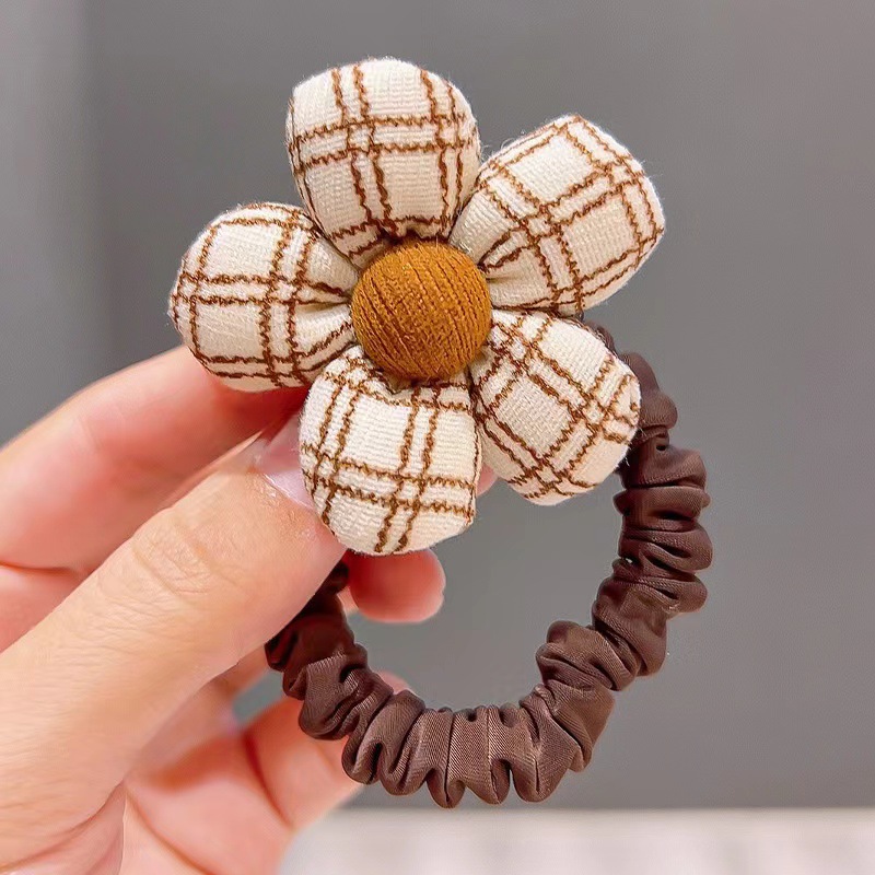 New Kids' Milk Small Flowers with Coffee Background Fabric Rubber Band Flower Hair Rope Baby Hair Ring Girls Do Not Hurt Hair Accessories Wholesale