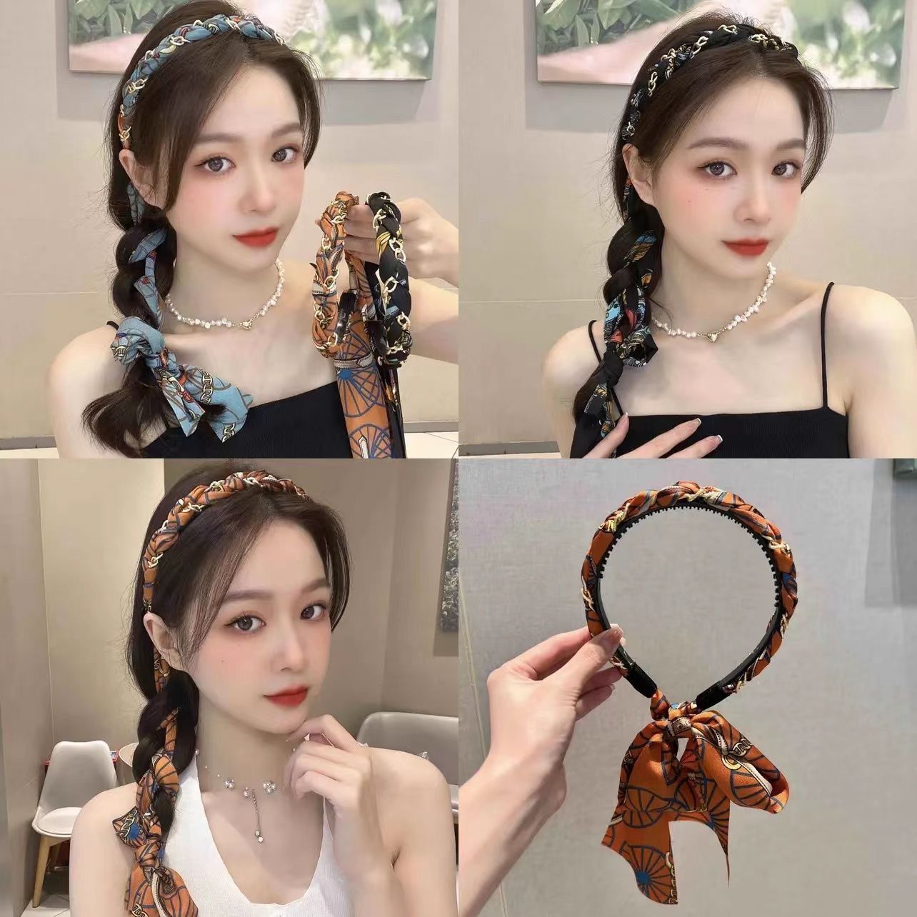 Vintage Chain Headband Court Satin Fabric Headband Hair Hoop Headband Ribbon Hair Binding One-Piece Braided Hair Headdress