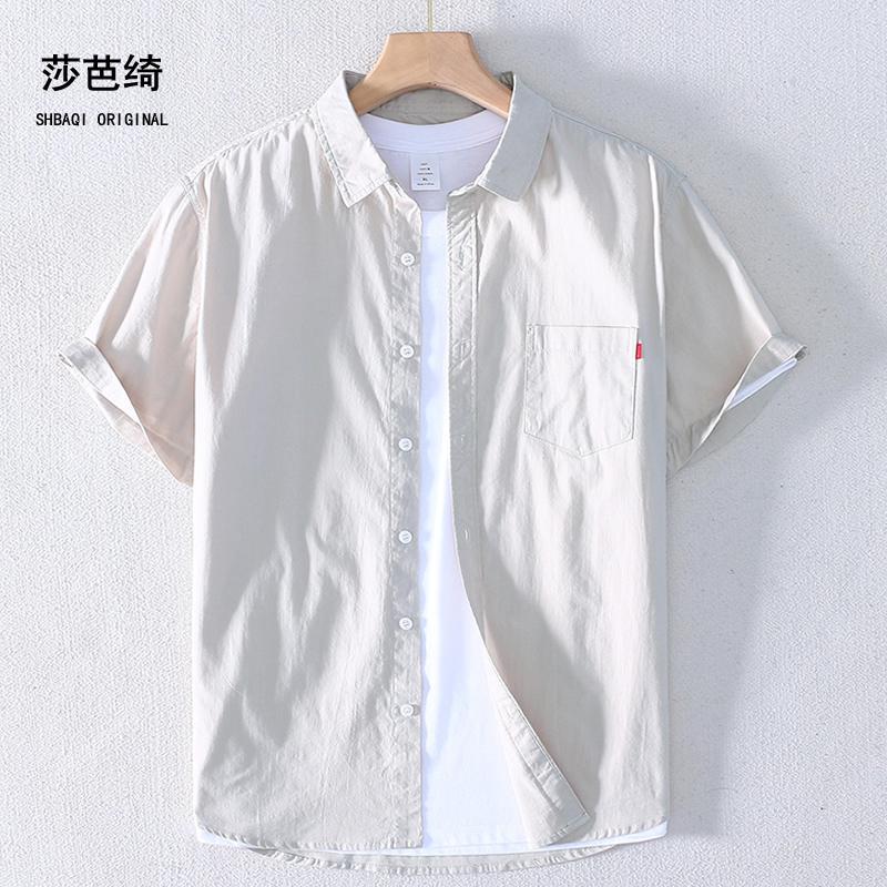 春夏薄款纯棉简约男装短袖衬衫职业休闲男士黑白翻领半袖衬衣上衣