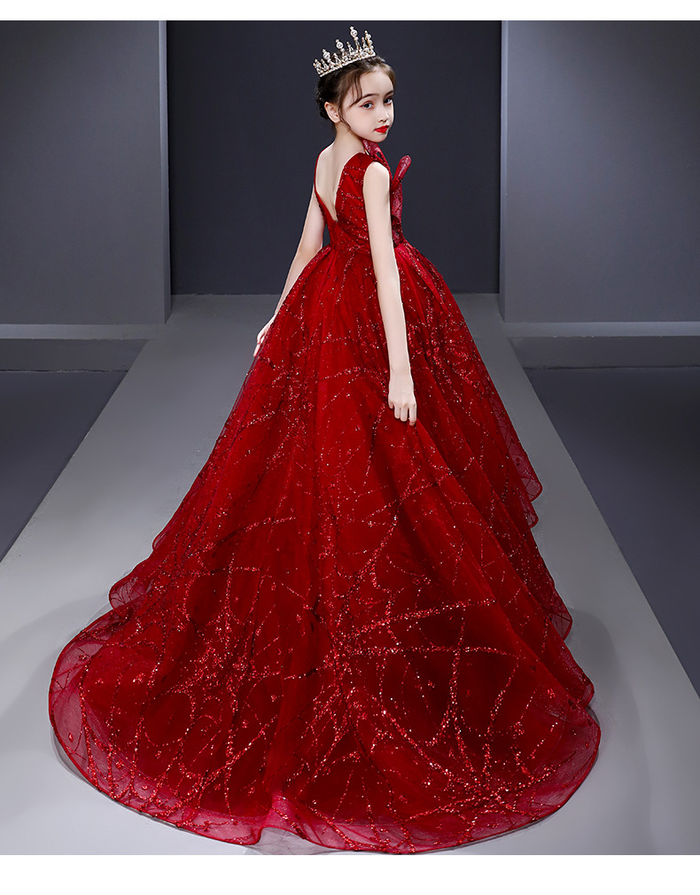 儿童拖尾晚礼服红色蓬蓬纱女童模特走秀洋气公主裙女孩表演演出服