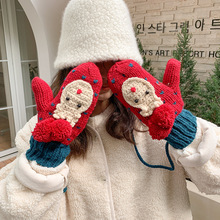 韩版手工针织毛线挂脖手套女冬季可爱卡通加绒保暖厚连指手套批发